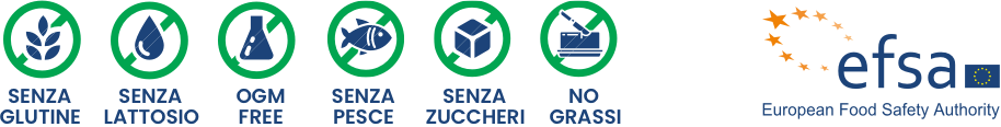 elenco delle tolleranze per il collagene colpropur: senza glutine, senza lattosio, ogm free, senza pesce, senza zuccheri, senza grassi. efsa logo