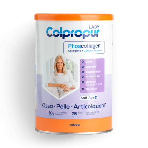 Confezione del prodotto Colpropur Lady Integratore alimentare a base di PhosCollagen, per ossa, pelle e articolazioni con indicazione dei benefici