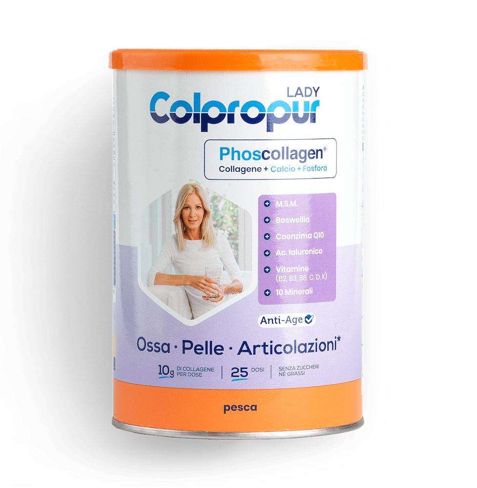Confezione del prodotto Colpropur Lady Integratore alimentare a base di PhosCollagen, per ossa, pelle e articolazioni con indicazione dei benefici